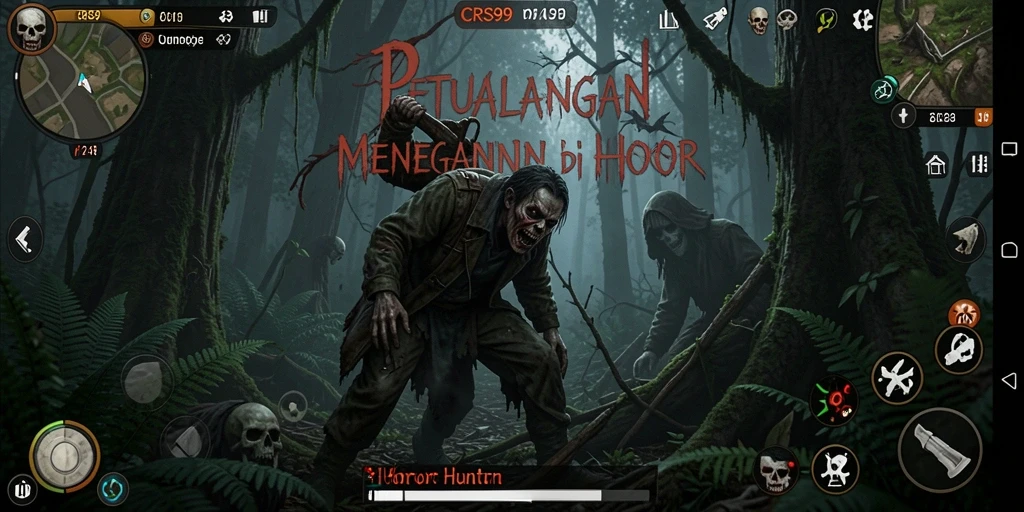 Tampilan antarmuka menyeramkan dari game CRS99 di hutan horor.