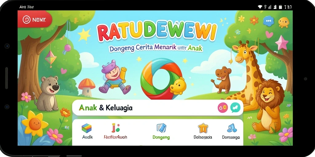 Tampilan antarmuka aplikasi RATUDEWI dengan koleksi dongeng audio.